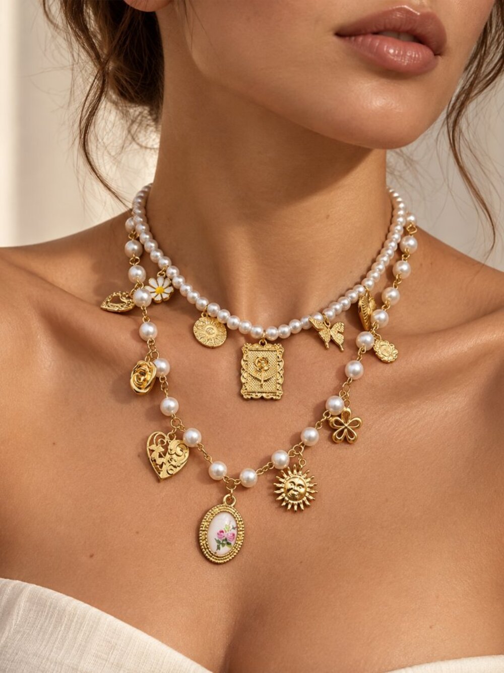 2-Piece Pearl Charm Necklace Set Gold Tone Vintage Layered Jewelry